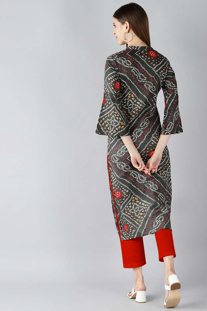   Charcoal Grey And Red Bandhani Printed Straight Kurta 