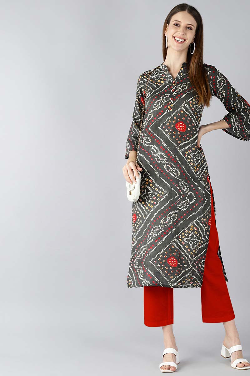   Charcoal Grey And Red Bandhani Printed Straight Kurta 