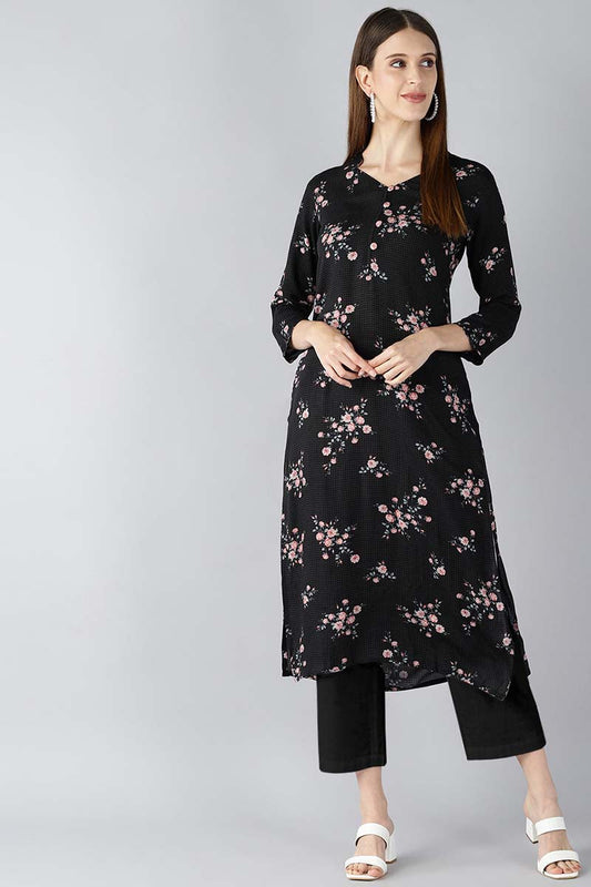   Black And Pink Printed A Line Kurta