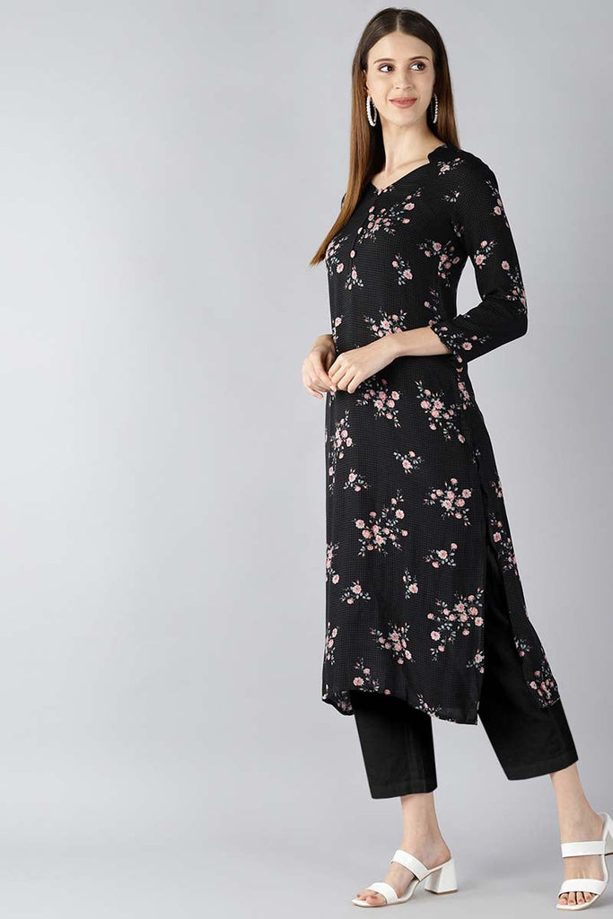   Black And Pink Printed A Line Kurta