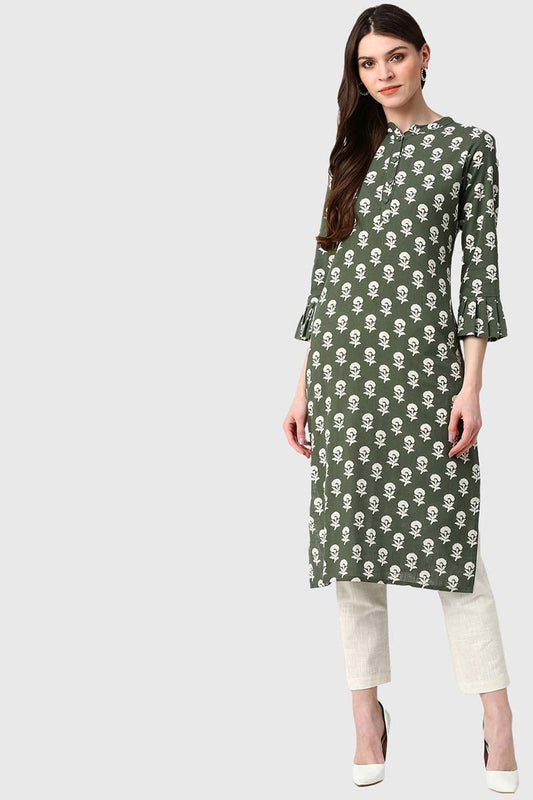   Green And White Printed A Line Cotton Kurta 