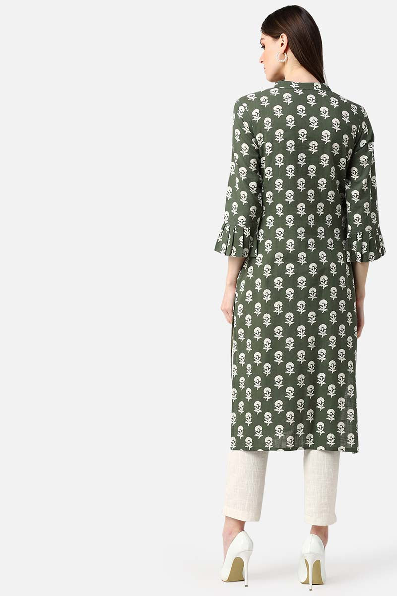   Green And White Printed A Line Cotton Kurta 