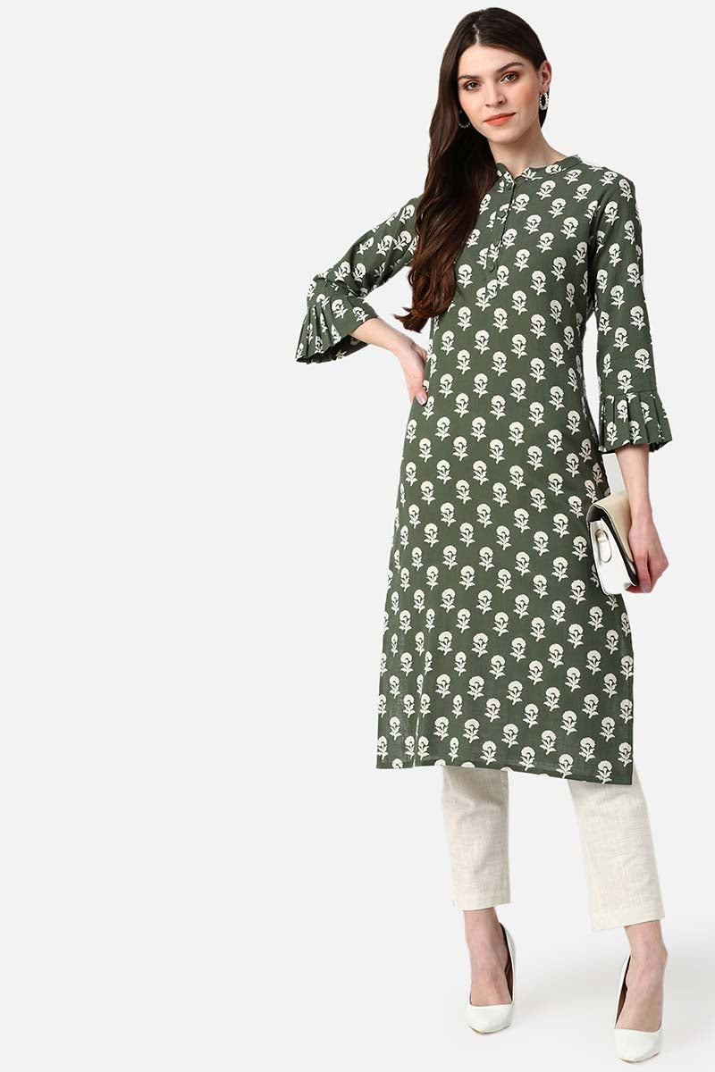   Green And White Printed A Line Cotton Kurta 