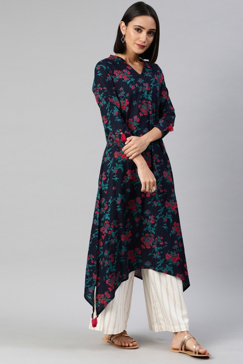   Blue And Red Printed A Line Cotton Kurta 