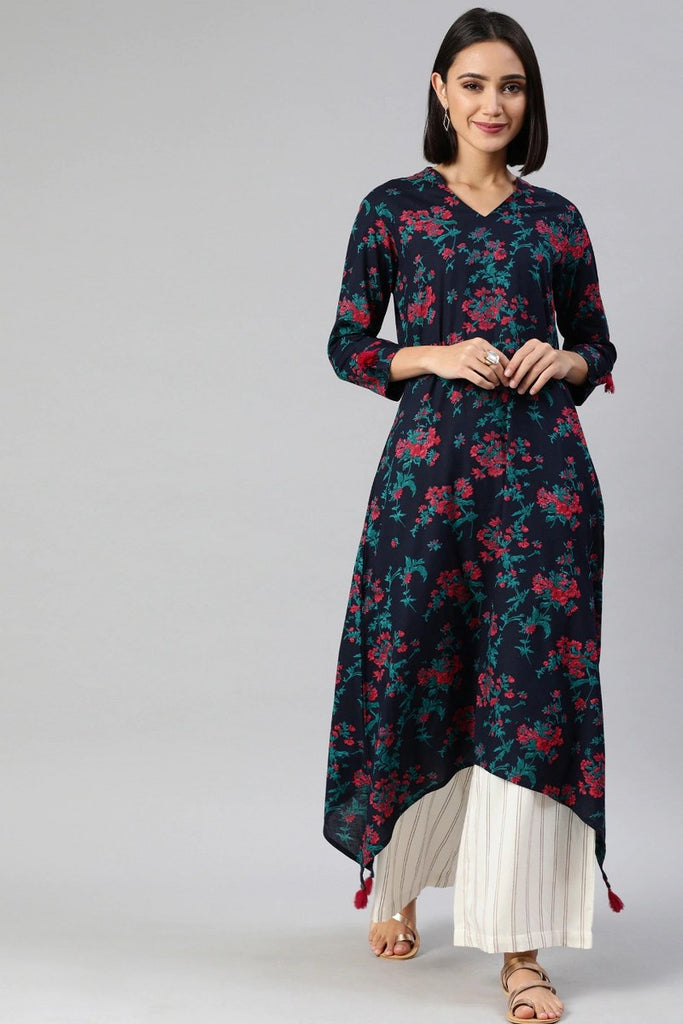   Blue And Red Printed A Line Cotton Kurta 