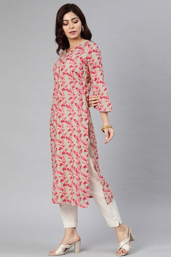   Beige And Pink Printed Straight Kurta With Flared Sleeves 