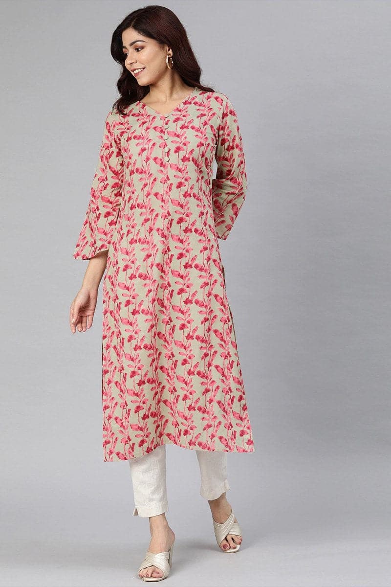   Beige And Pink Printed Straight Kurta With Flared Sleeves 