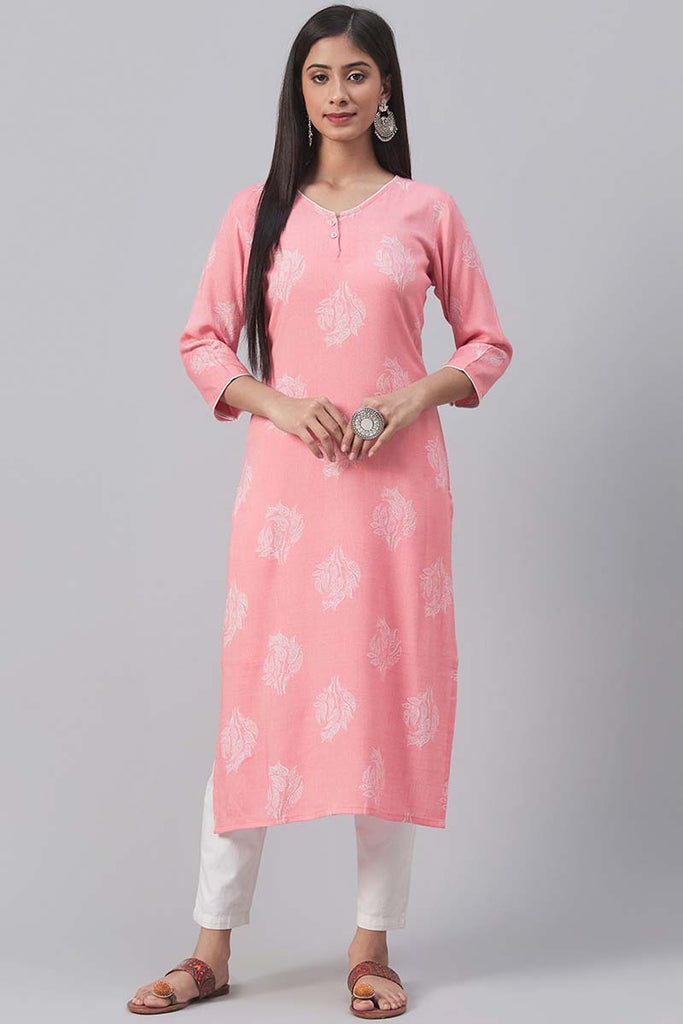   Pink Floral Printed Straight Kurta 