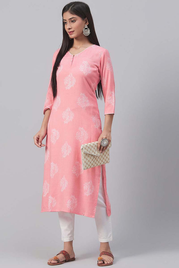   Pink Floral Printed Straight Kurta 