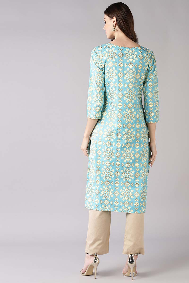   Blue Printed Straight Kurta 