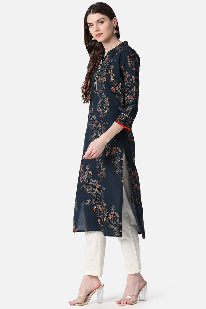   Navy Blue And Beige Printed Straight Cotton Kurta 