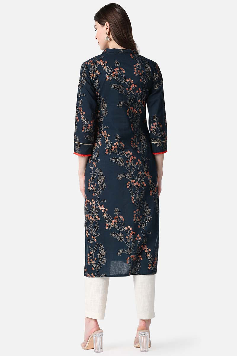   Navy Blue And Beige Printed Straight Cotton Kurta 