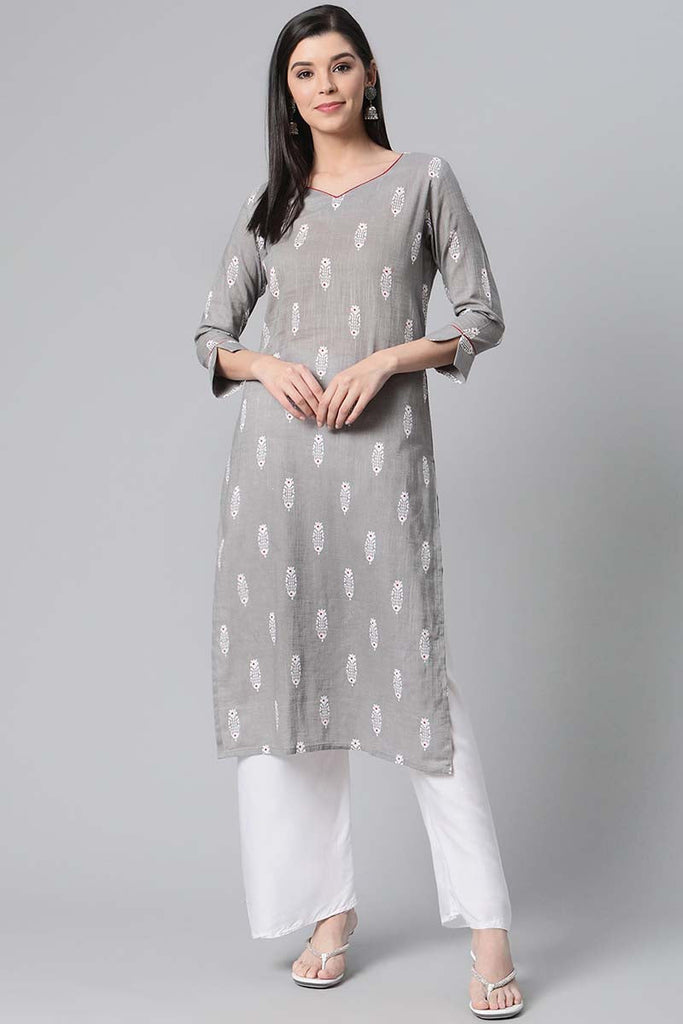   Grey And White Printed V-Neck Straight Kurta 