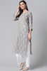   Grey And White Printed V-Neck Straight Kurta 