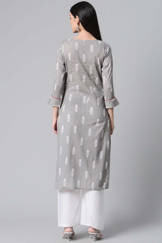   Grey And White Printed V-Neck Straight Kurta 