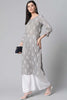   Grey And White Printed V-Neck Straight Kurta 