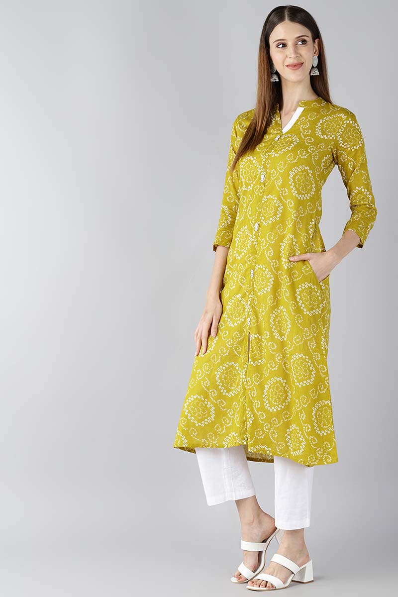   Mustard Yellow Printed A Line Kurta 