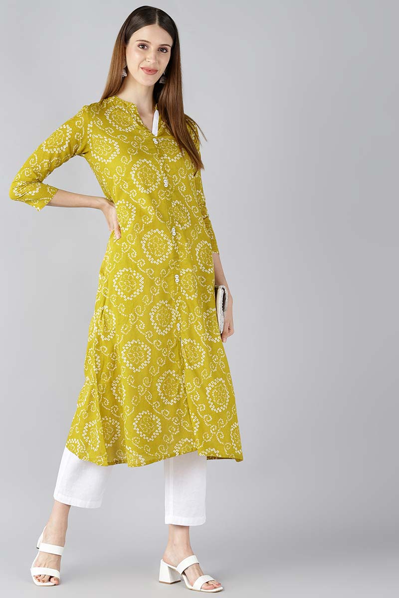   Mustard Yellow Printed A Line Kurta 