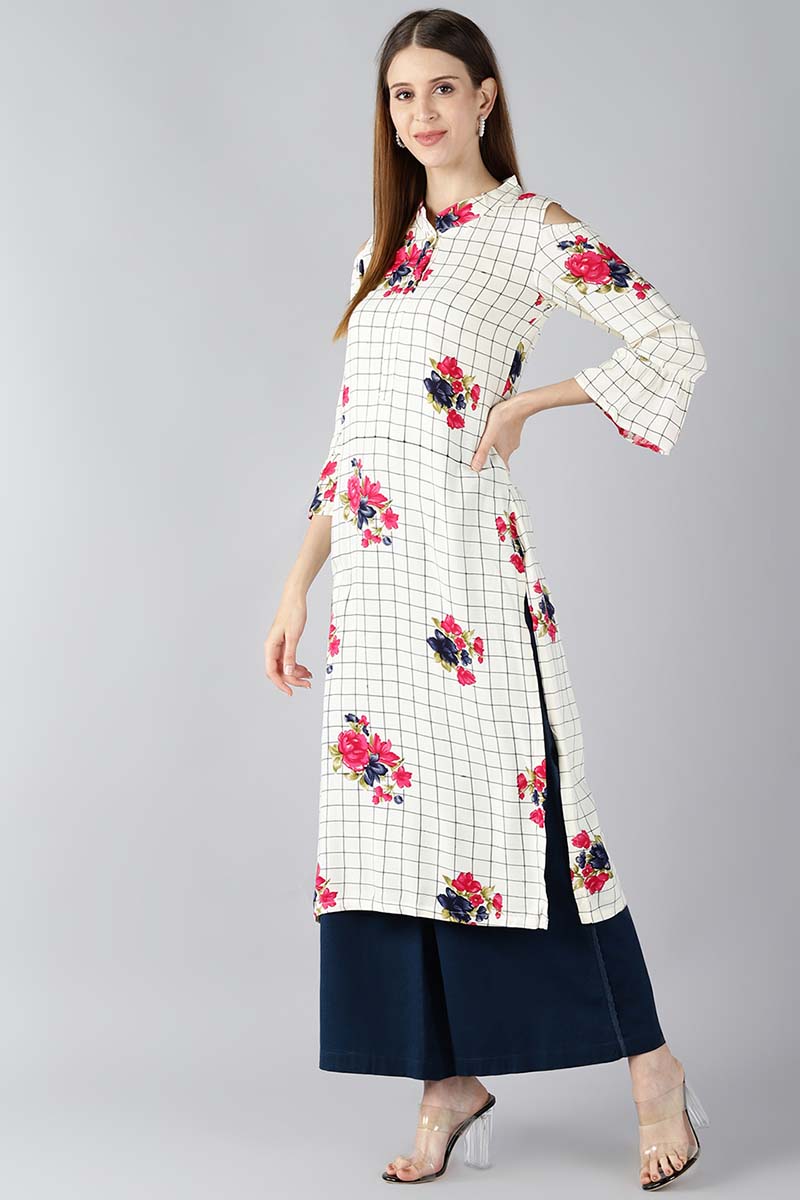   Off White And Black Checked Straight Kurta With Floral Print 