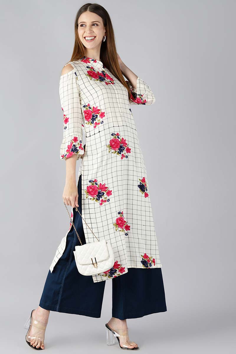   Off White And Black Checked Straight Kurta With Floral Print 