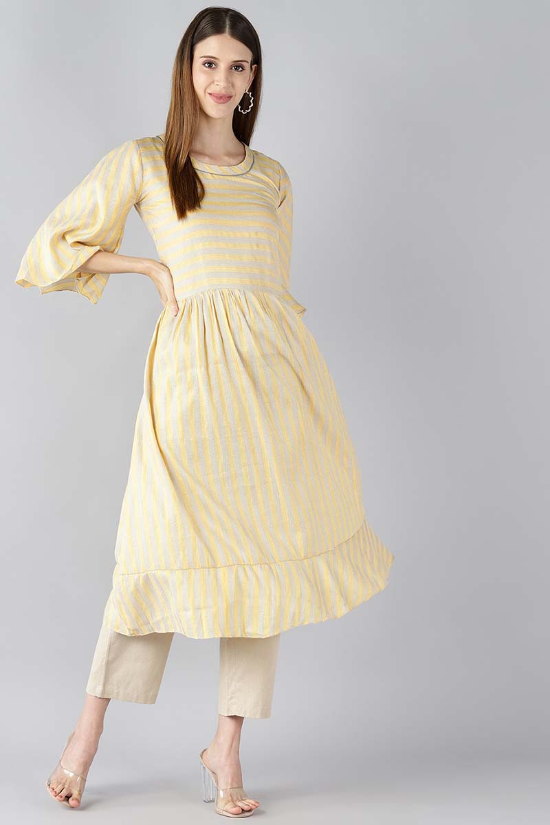   Yellow Striped A Line Kurta