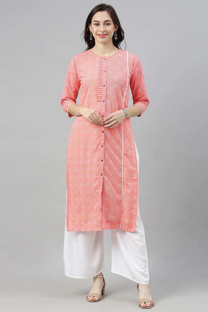    Coral Red & White Checked Kurta