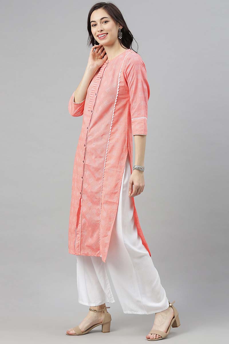    Coral Red & White Checked Kurta