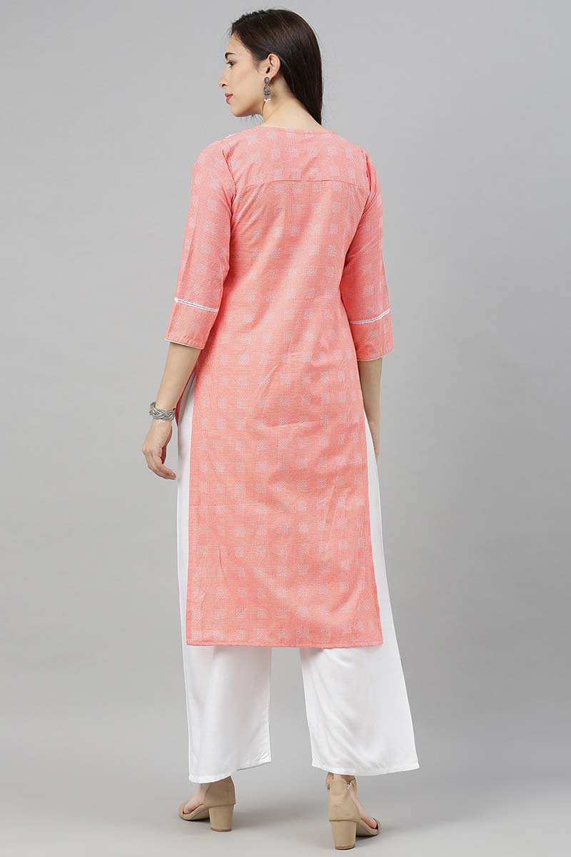    Coral Red & White Checked Kurta