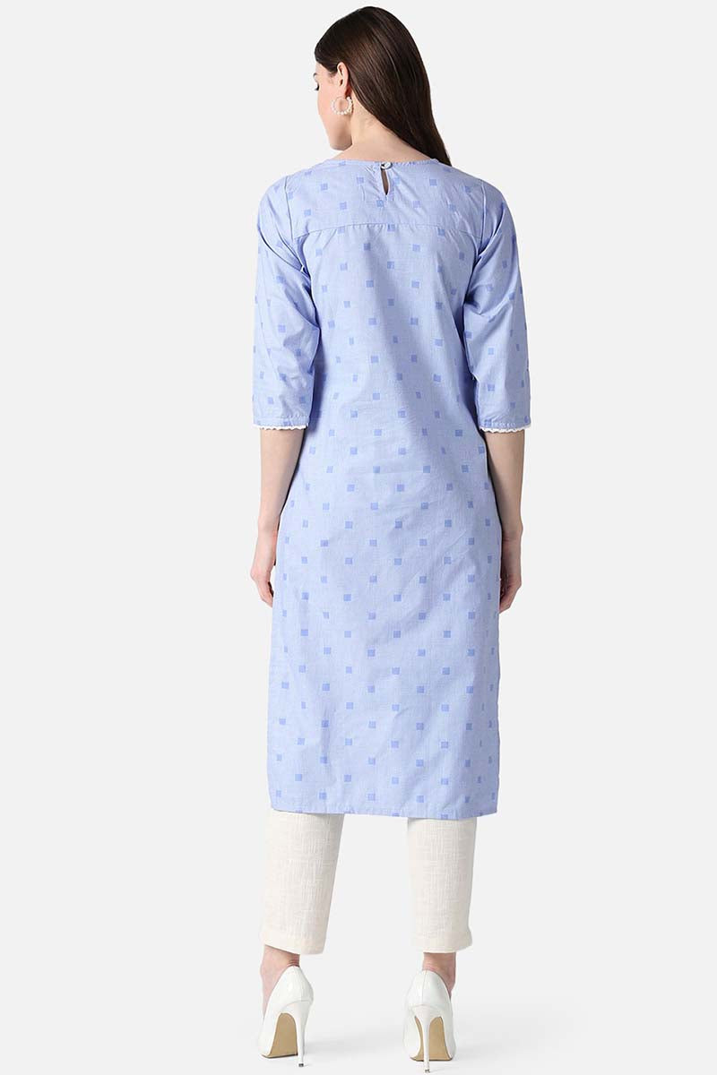   Women Blue & White Checked Kurta with Lace Detail 