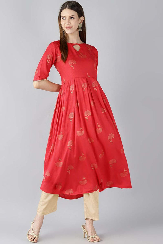  Women Red Floral Printed Keyhole Neck Kurta 