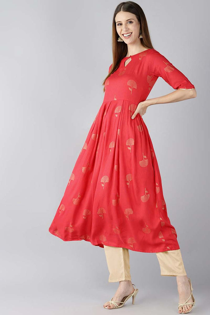  Women Red Floral Printed Keyhole Neck Kurta 