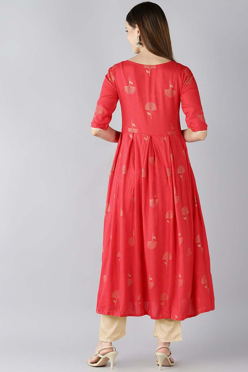  Women Red Floral Printed Keyhole Neck Kurta 