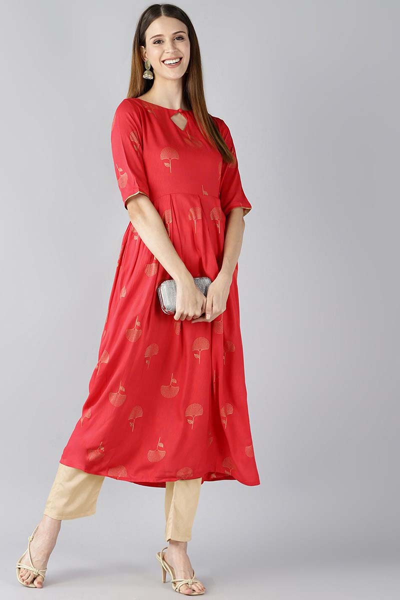  Women Red Floral Printed Keyhole Neck Kurta 