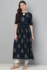  Women Navy Blue Floral Printed Keyhole Neck Kurta 