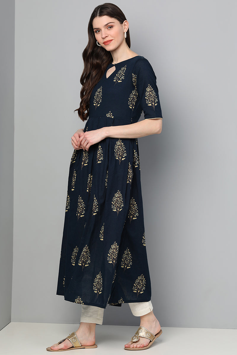  Women Navy Blue Floral Printed Keyhole Neck Kurta 