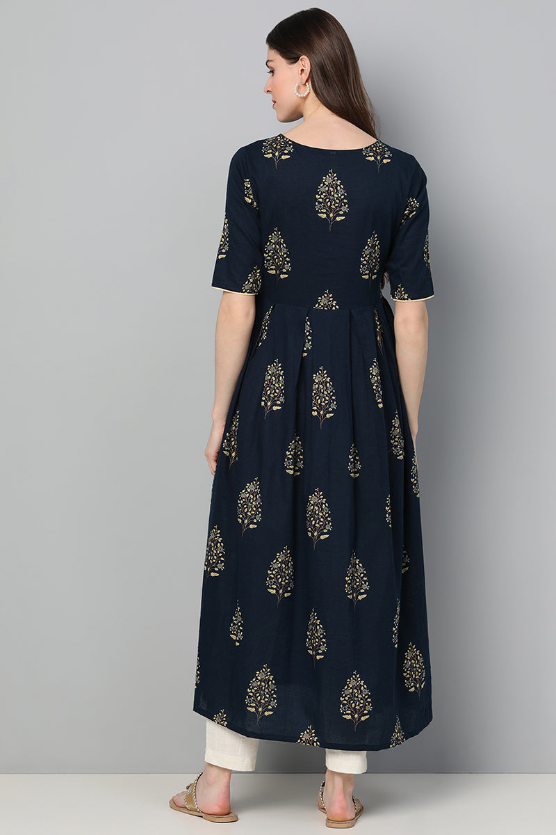  Women Navy Blue Floral Printed Keyhole Neck Kurta 