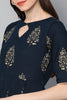  Women Navy Blue Floral Printed Keyhole Neck Kurta 