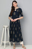  Women Navy Blue Floral Printed Keyhole Neck Kurta 