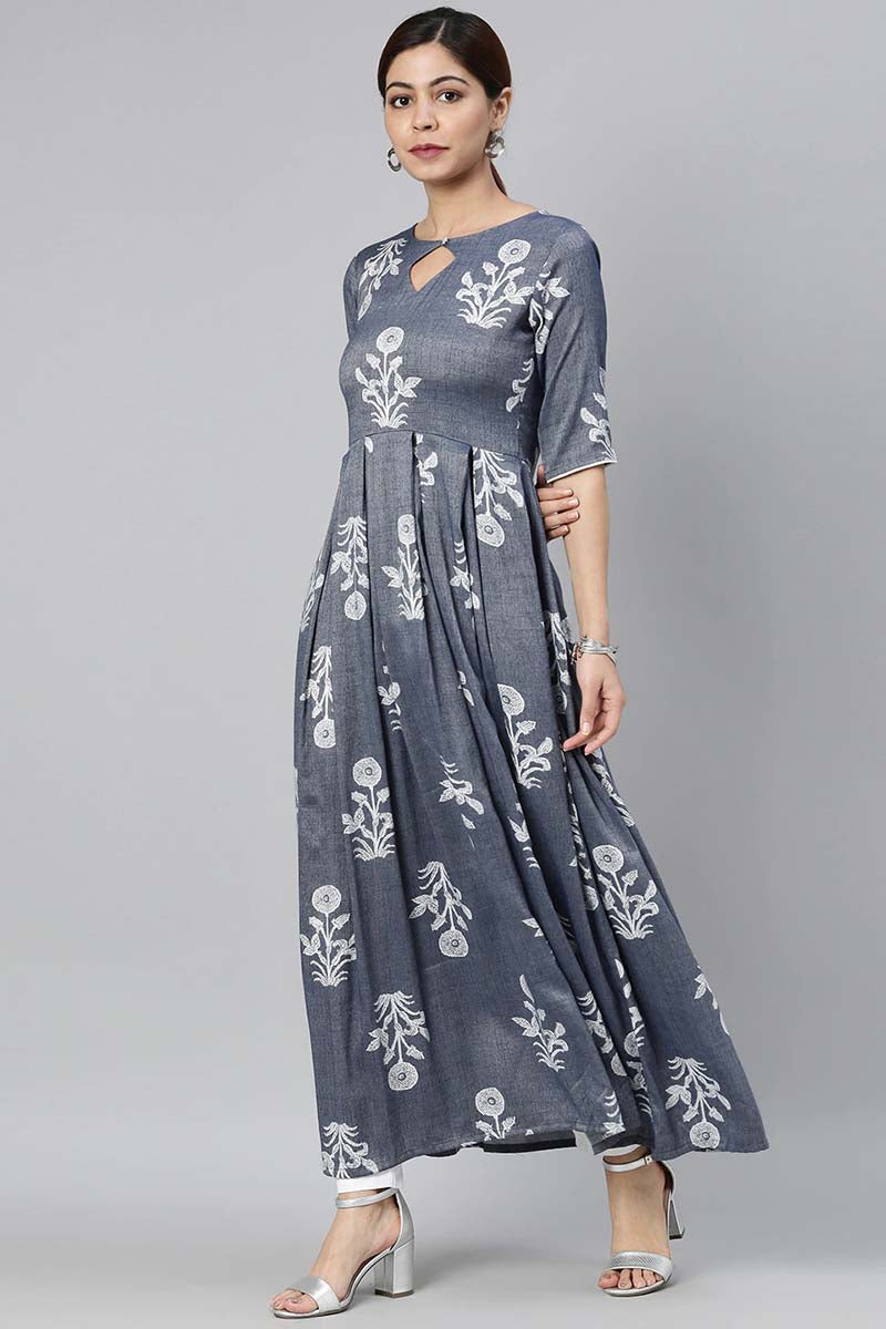  Women Grey & White Floral Printed Kurta 