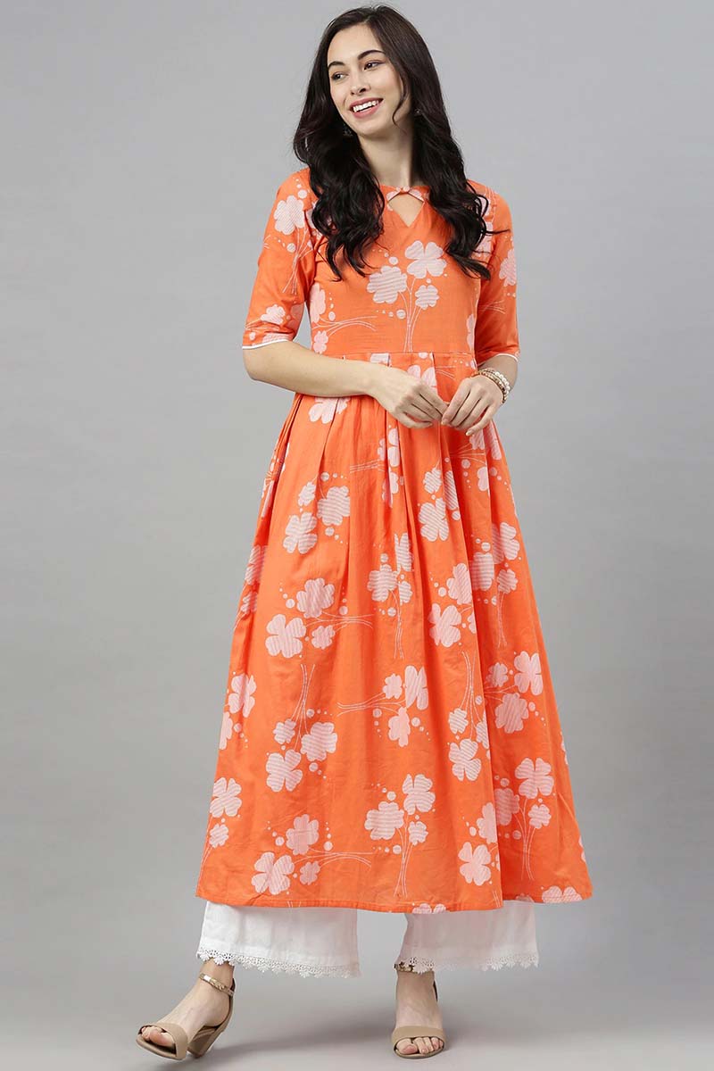  Women Orange Floral Printed Keyhole Neck Kurta 