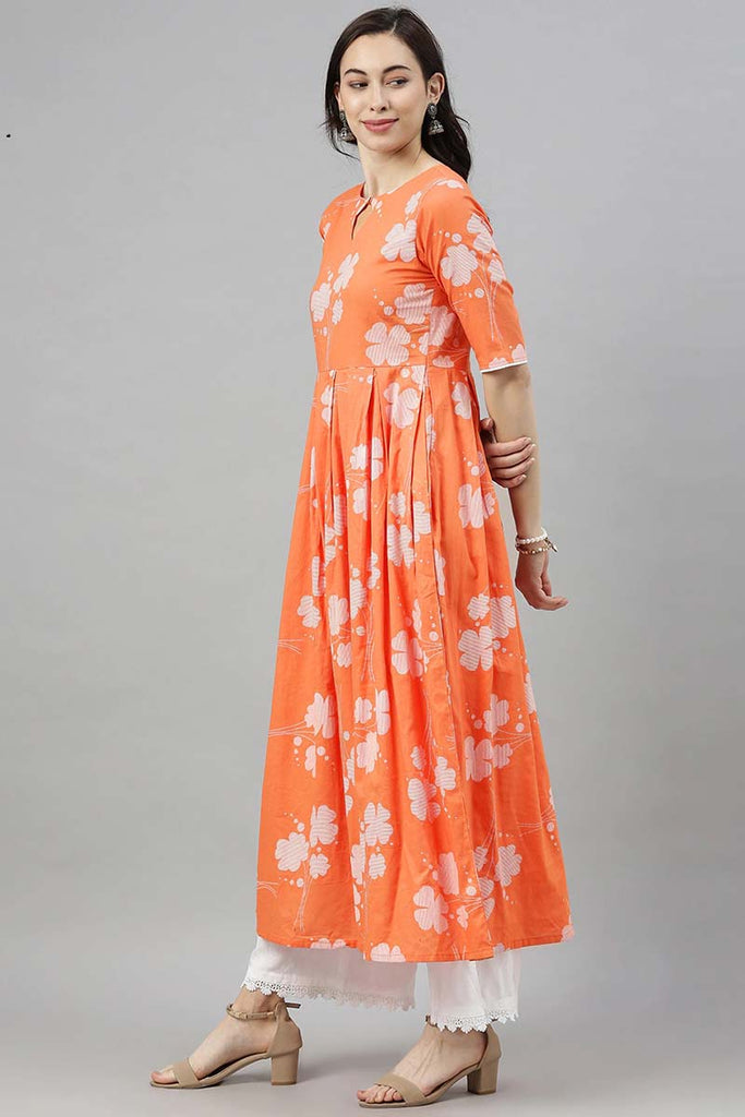  Women Orange Floral Printed Keyhole Neck Kurta 