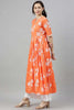  Women Orange Floral Printed Keyhole Neck Kurta 