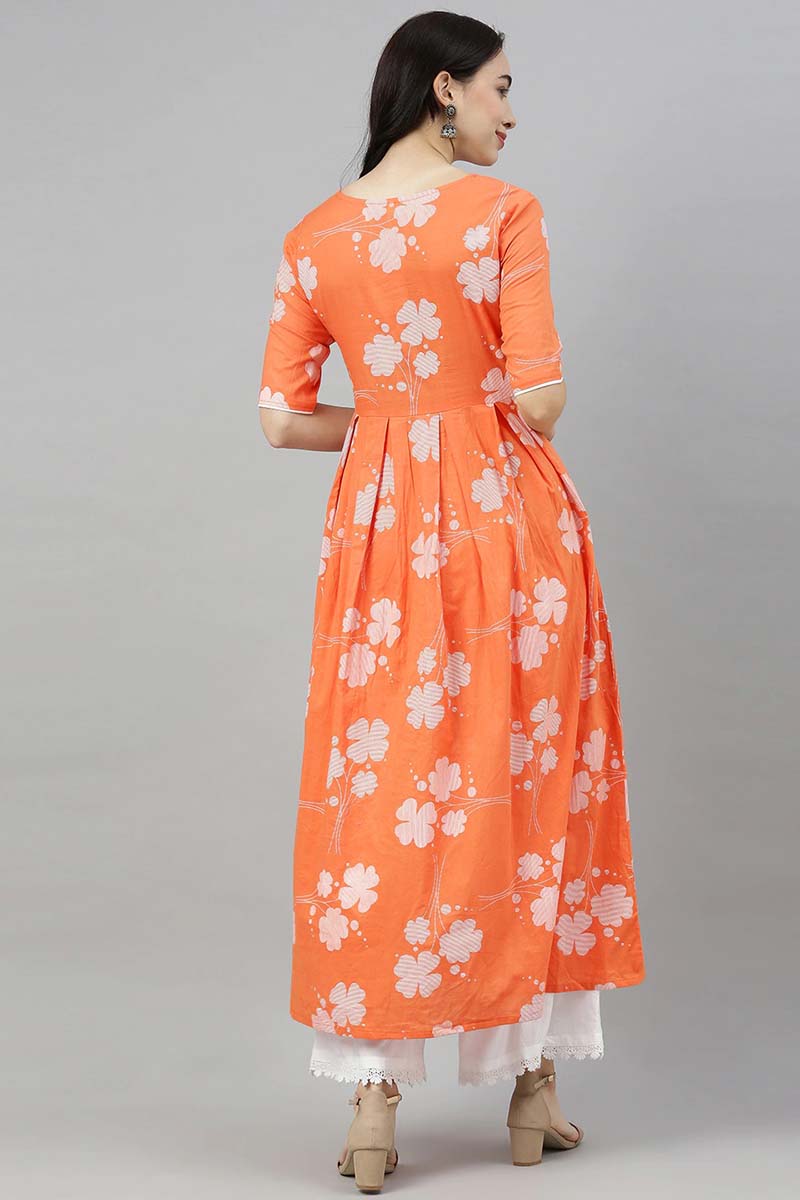  Women Orange Floral Printed Keyhole Neck Kurta 