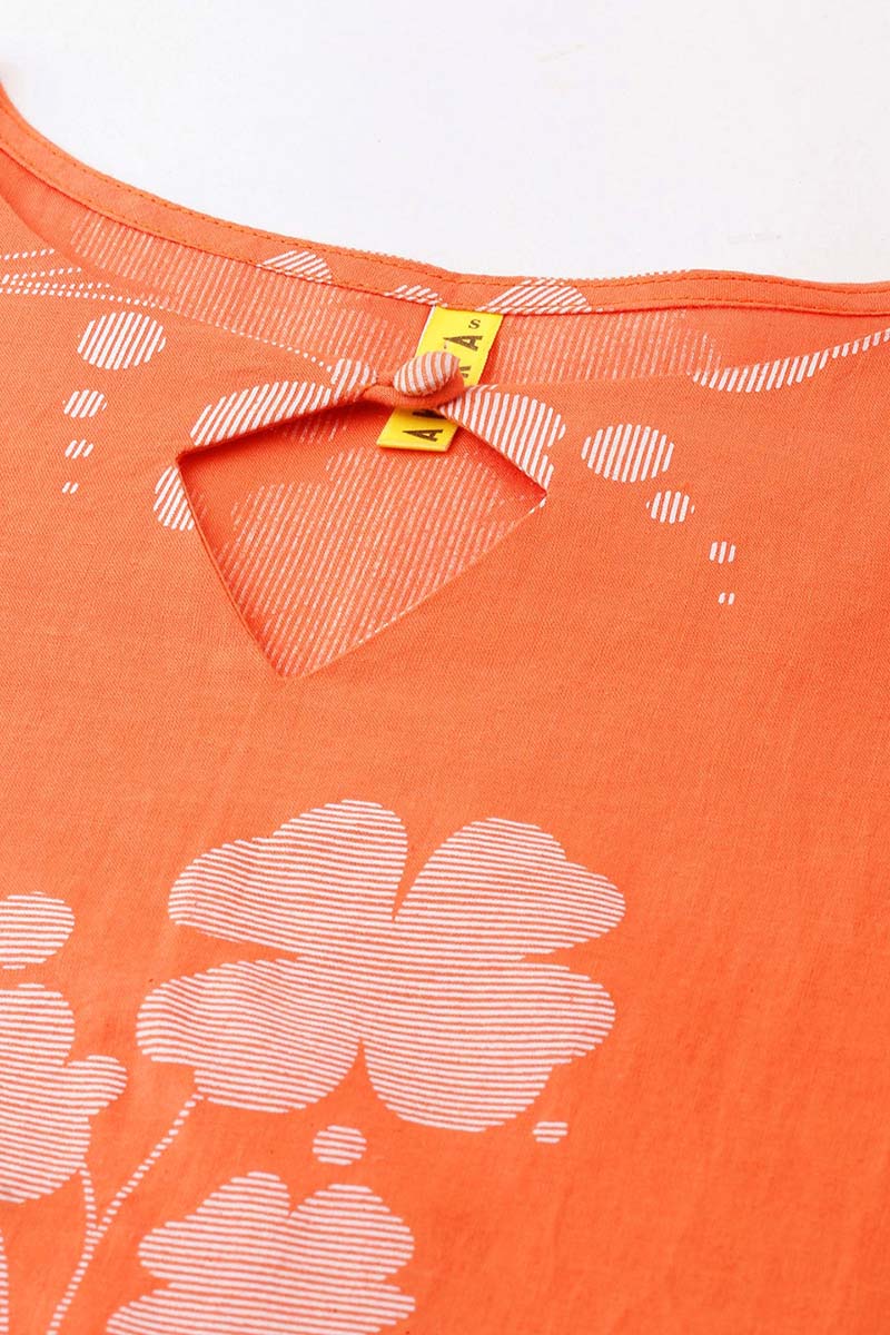  Women Orange Floral Printed Keyhole Neck Kurta 