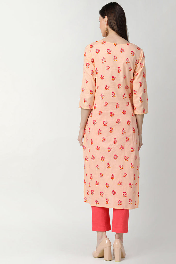   Cotton Orange Floral Printed Straight Kurti 