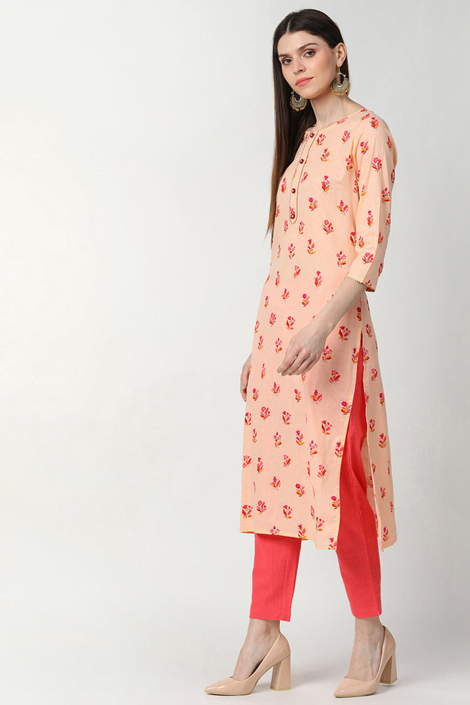   Cotton Orange Floral Printed Straight Kurti 