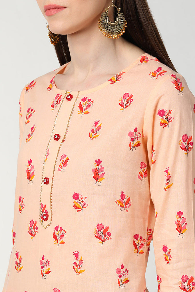   Cotton Orange Floral Printed Straight Kurti 