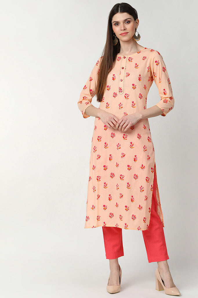   Cotton Orange Floral Printed Straight Kurti 