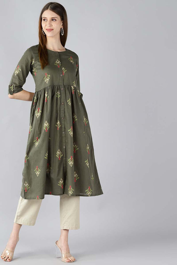    Cotton Green Ethnic Motifs Printed A Line Kurti 