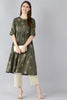    Cotton Green Ethnic Motifs Printed A Line Kurti 